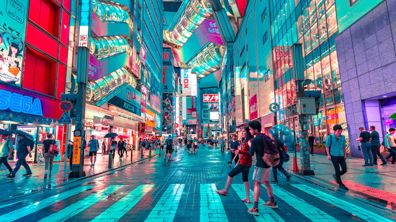 Tokyo Shibuya crossing with neon lights and city buzz at night.